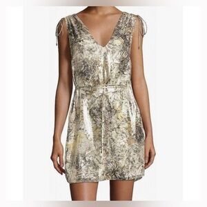 Haute Hippie silk Vneck gold foil mini dress BR